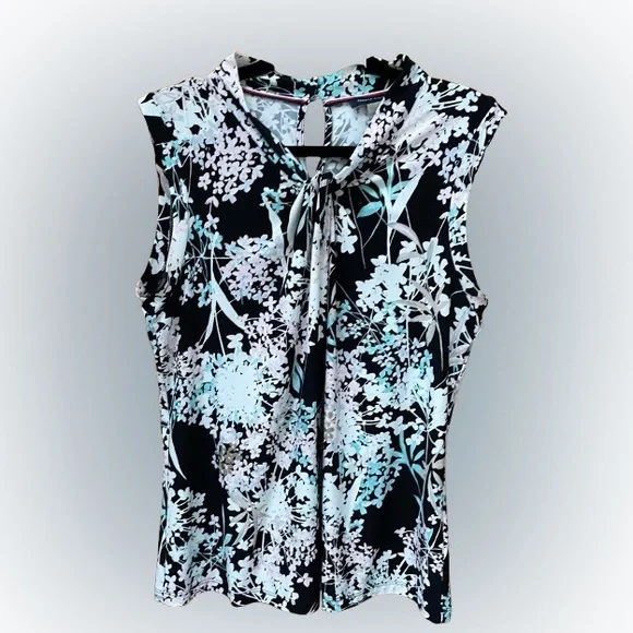 Tommy Hilfiger Womens Floral Print Knot Neck Knit Top Black Multi - Picture 2 of 11